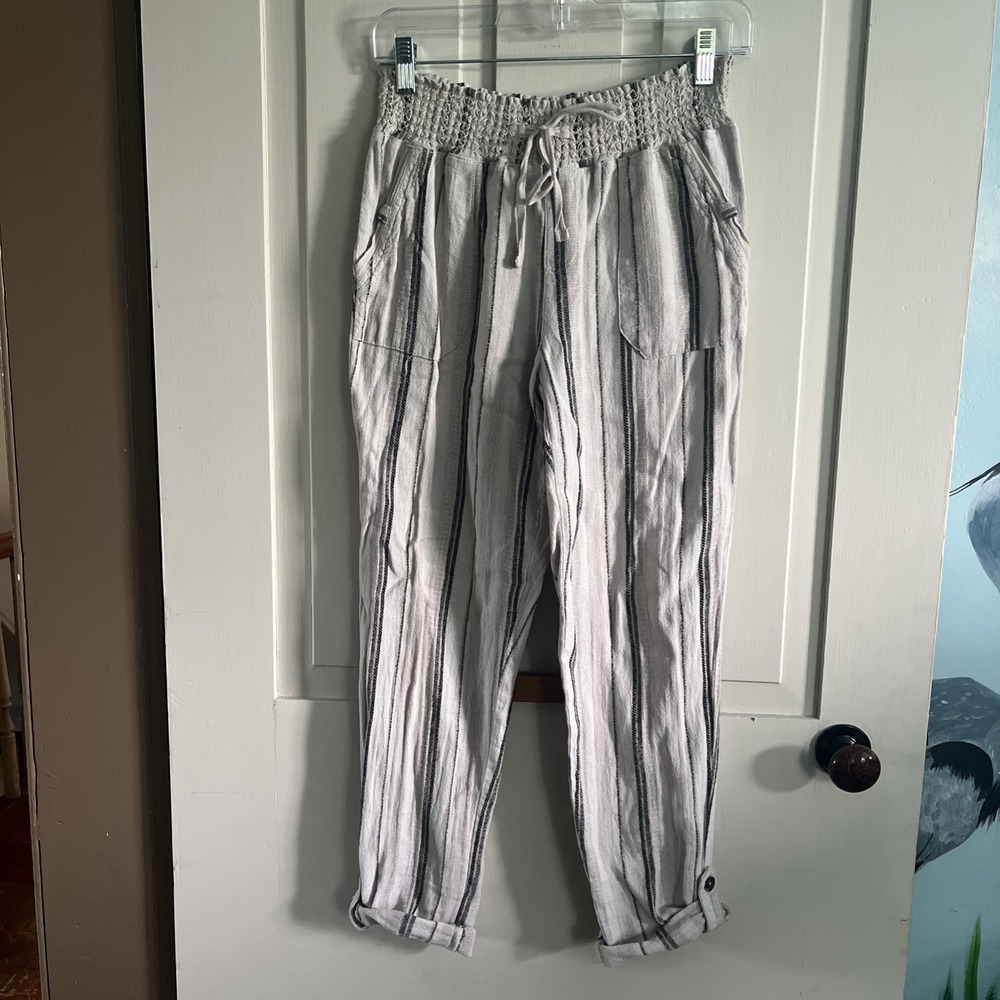 Sincerely Jules Womens S White Blue Striped  Hem Cuffed Linen Lounge Pants Boho